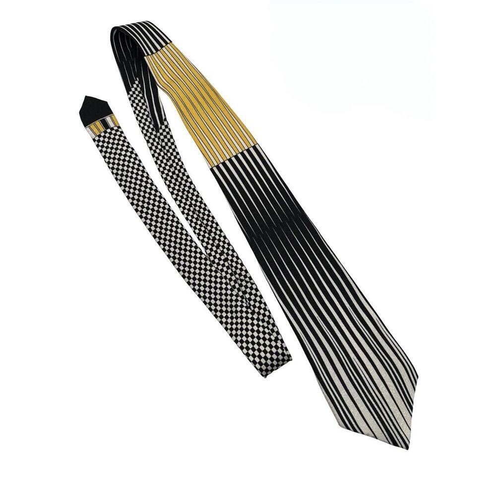 Gianni Versace Silk Neck Tie Striped Checkered Black Yellow White 3.75" | 55.5"